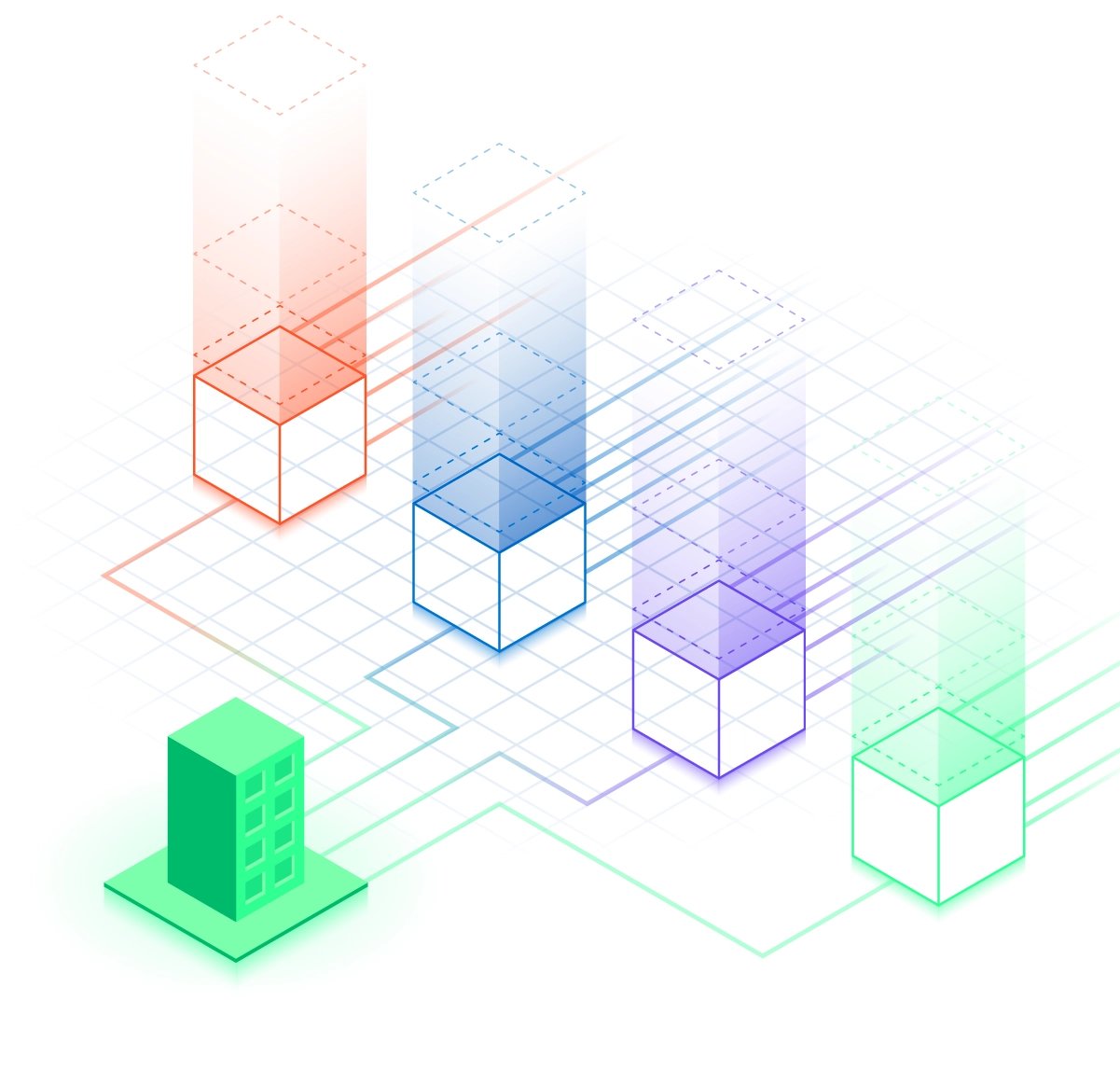 Multi-colored isometric illustration of enterprise building connecting to four boxes