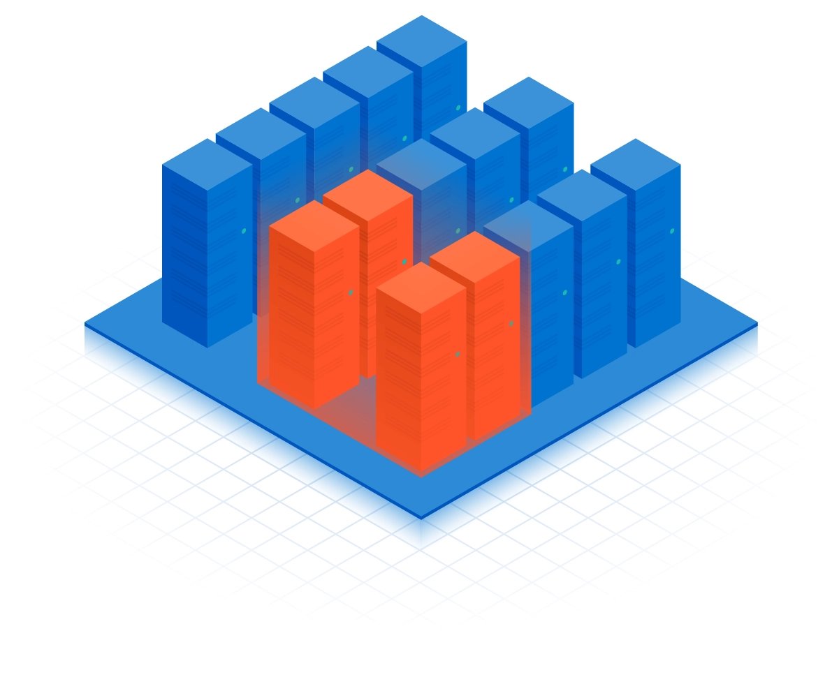 Orange and Blue isometric drawing of data center cabinet configuration