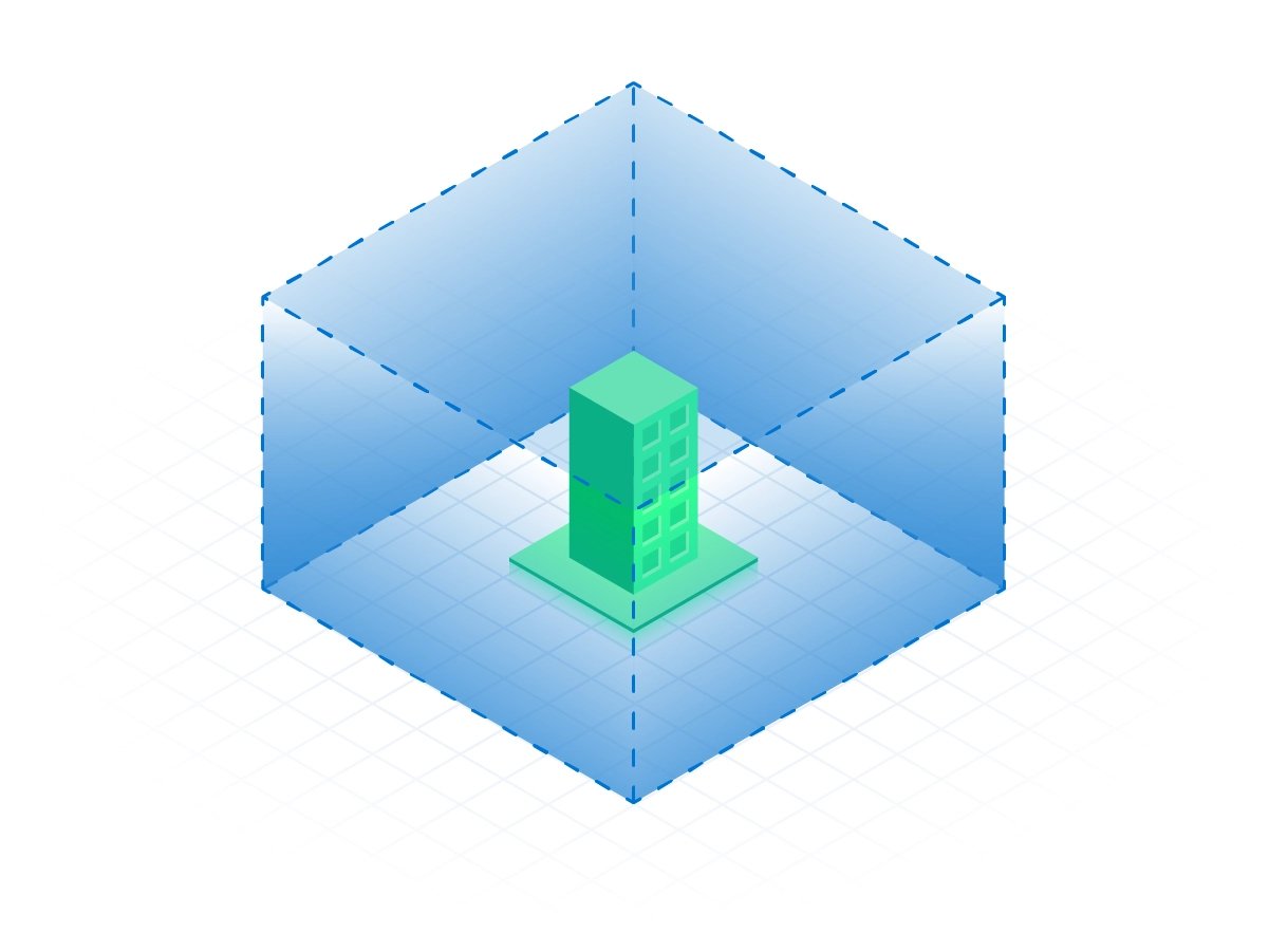 green isometric drawing of a server secured in a transparent blue box data center compliance