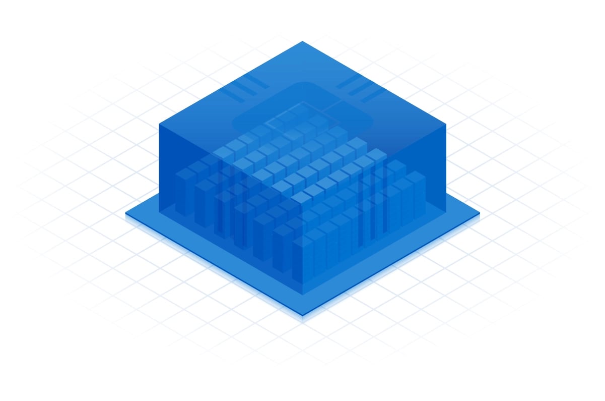Blue isometric illustration of CoreSite data center revealing servers inside
