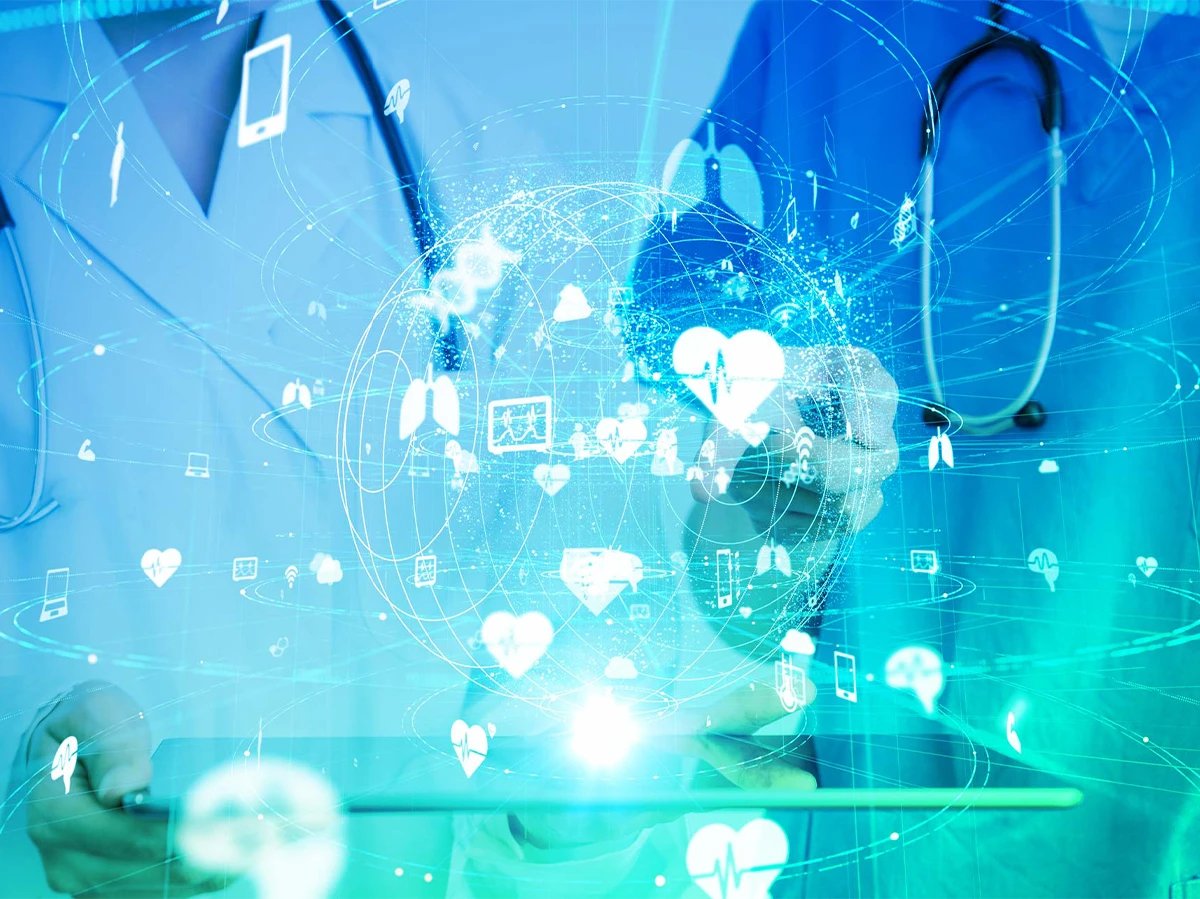 Abstract healthcare workers tablet connection cloud
