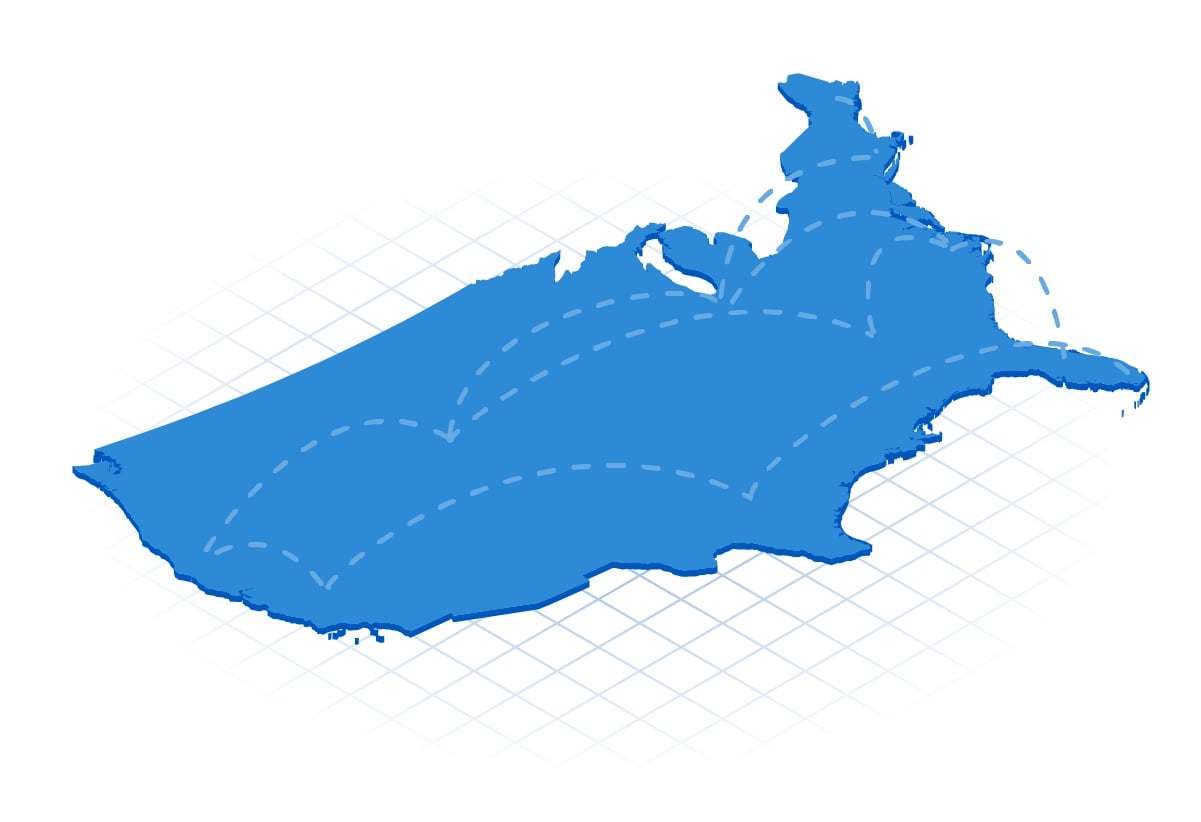 blue isometric U.S. map with dashed line connection states inter-site connectivity