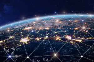 Am image abstractly representing global data center interconnection.