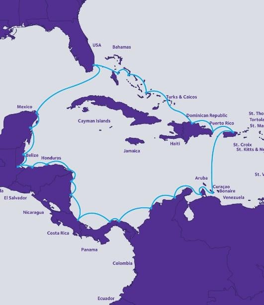 Map showing subsea fiber optic cable connectivity between Florida, Mexico and Latin America.