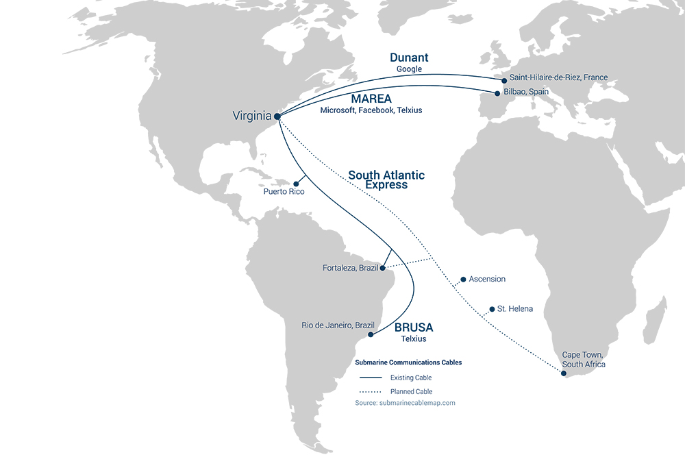 Map showing transoceanic fiber cable connection points linking the Mid-Atlantic region to Europe, Puerto Rico, South America and South Africa. 