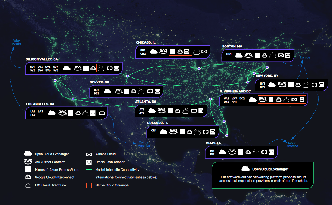 Map of the United States showing the location and cloud connectivity in 28 CoreSite data centers.