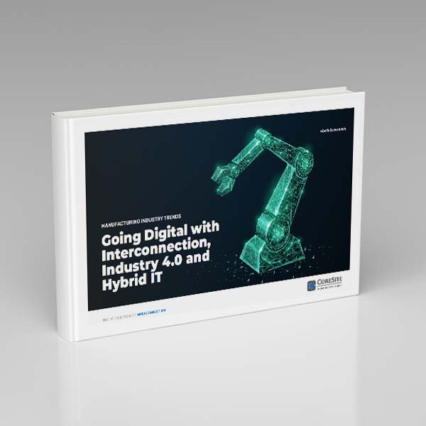  Image showing the cover of the whitepaper: Manufacturing Industry Trends: Going Digital with Interconnection, Industry 4.0 and Hybrid IT.