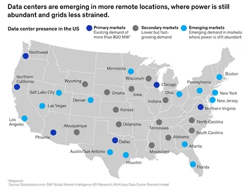 A map showing the distribution of data centers across the United States.