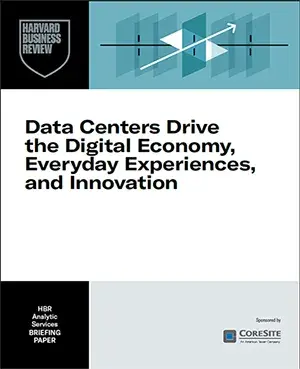 A thumbnail image of the cover of the Harvard Business Review report: data Centers Drive the Digital Economy, Everyday Experiences and Innovation.