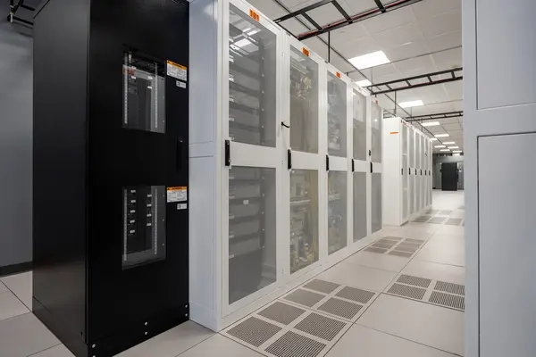 A photograph of a row of server cabinets in a data center.