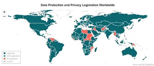 A map of the world showing which countries have legislation for data protection and privacy.