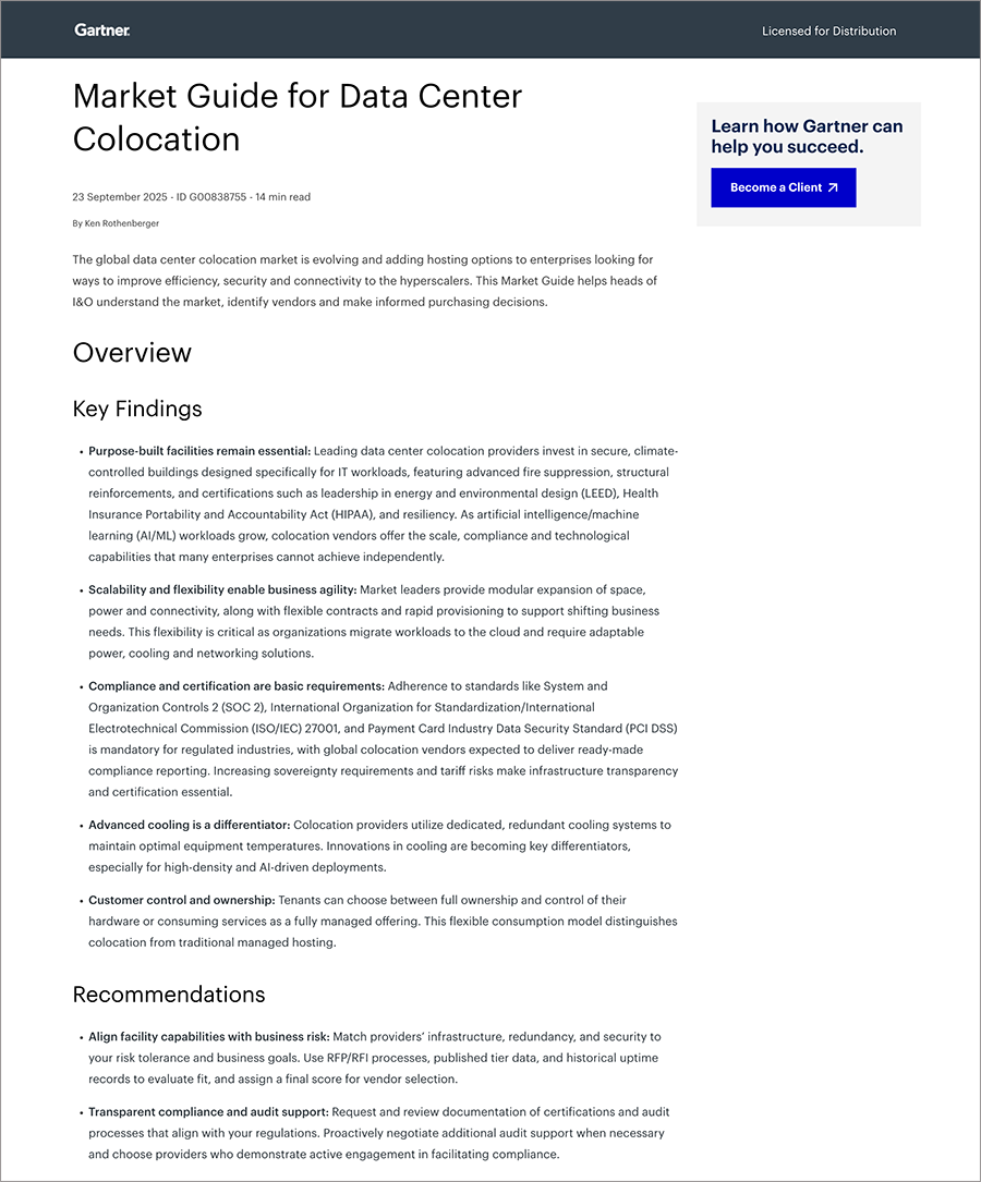 A thumbnail image of the 2025 Gartner Market Guide for Colocation and link to the guide.