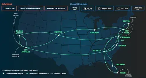 A map showing CoreSite’s data center and data center campus locations.