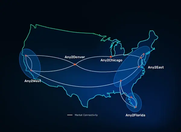 A map of the U.S. showing the distribution and network connections for CoreSite internet exchange points.