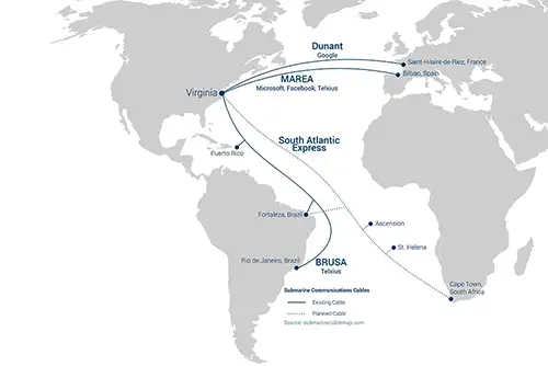 Map showing transoceanic fiber cable connection points linking the Mid-Atlantic region to Europe, Puerto Rico, South America and South Africa.