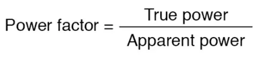A math formula showing how the power factor is calculated.
