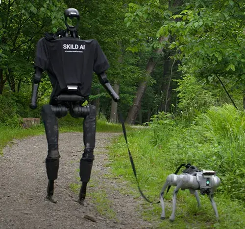 A photo of a humanoid robot and dog robot on a path in the woods.
