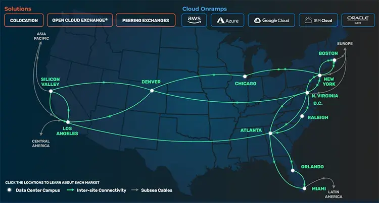 A map of the U.S. showing the locations of the company’s 30 multi-tenant data centers in 11 key markets.